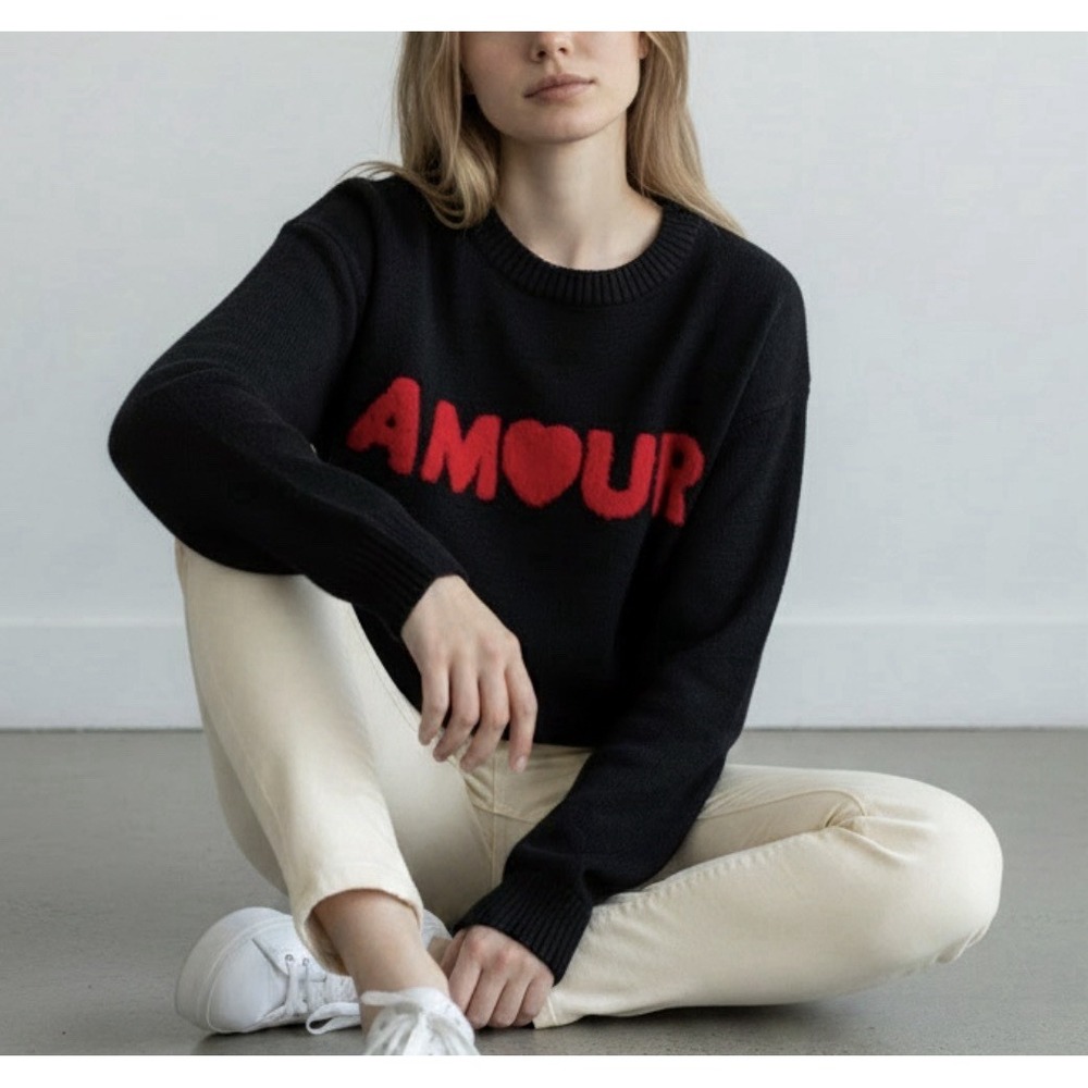 NWT S. Christina 100%Cashmere Amour Graphic Sweater S/M Black French QuietLuxury